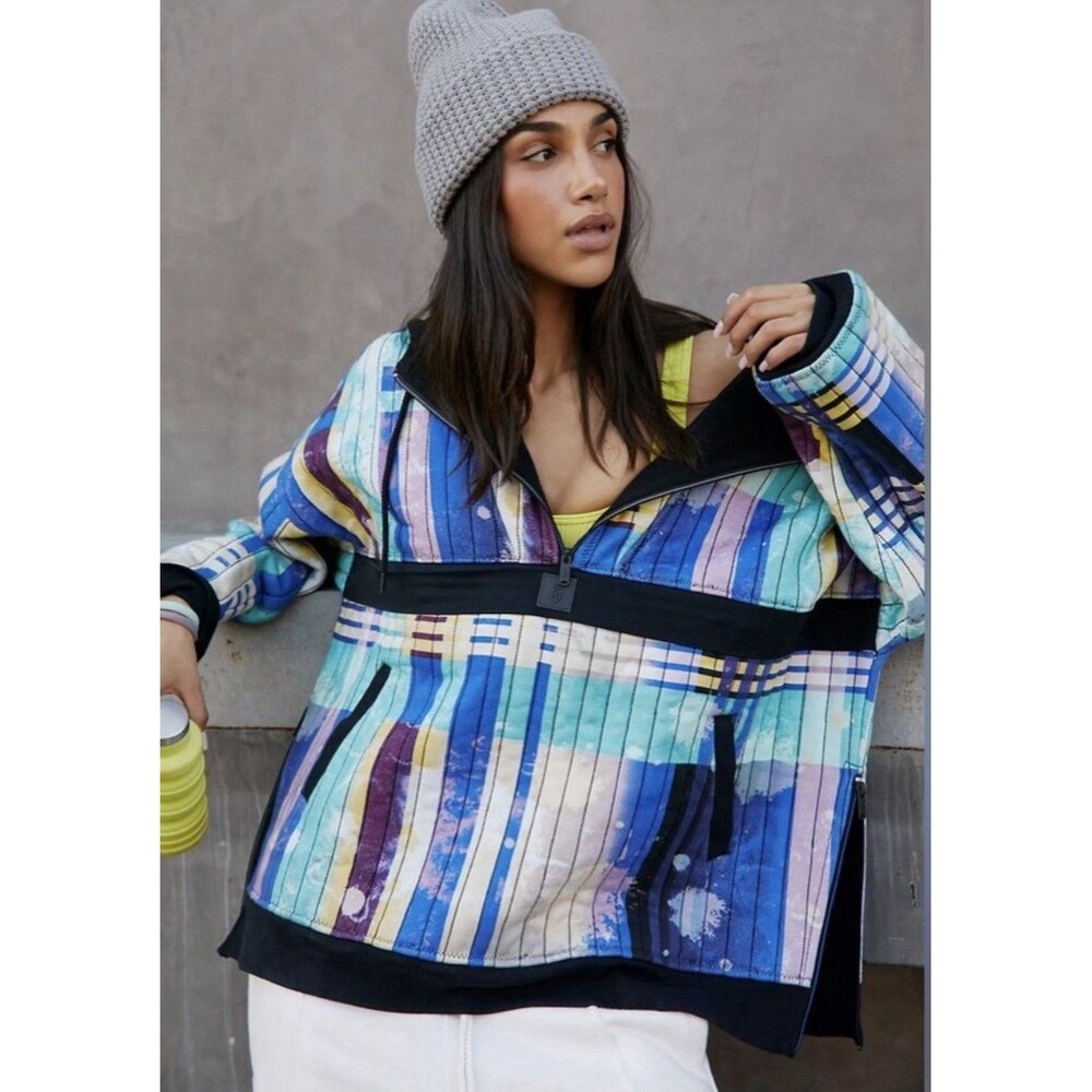 Free People Movement Fast Times Hoodie Jacket Pullover Bleach Plaid Blue Sz XS